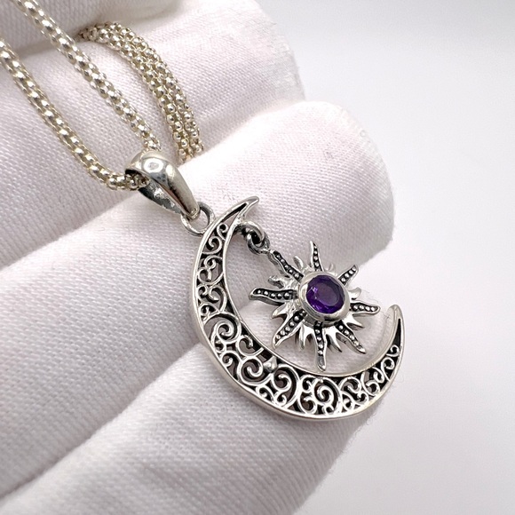 Genuine Amethyst .925 Sterling Silver Moon Necklace - Picture 4 of 13